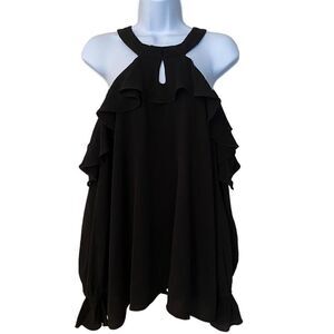 Jodi FLL Open Shoulder Ruffled Black Blouse